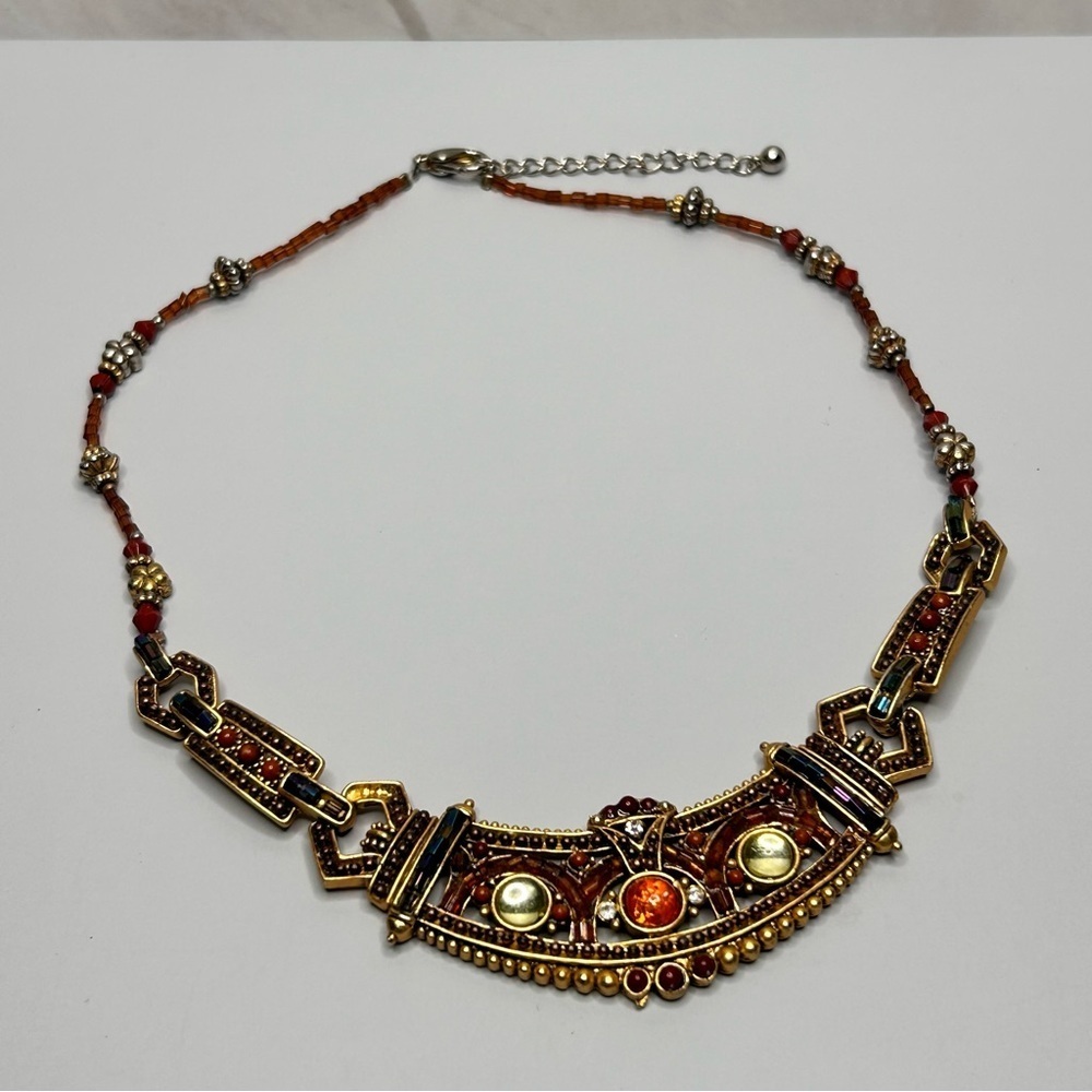 Art Deco Inspired Gold Tone Statement Necklace with Multicolor Accents